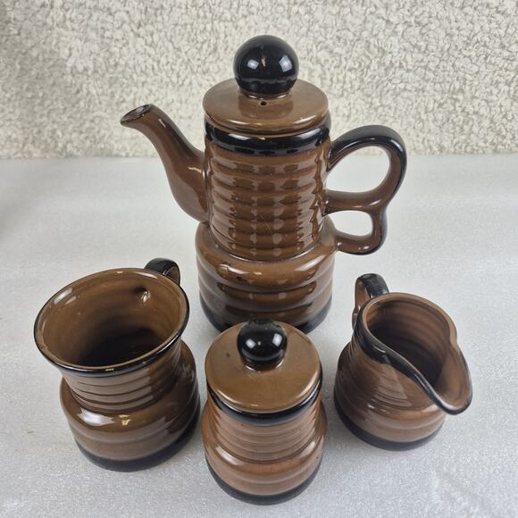Vintage 1960s Japan Glazed Ribbed Ceramic Coffee Tea Set Pot Sugar Mug 6-Pc - Picture 1 of 12